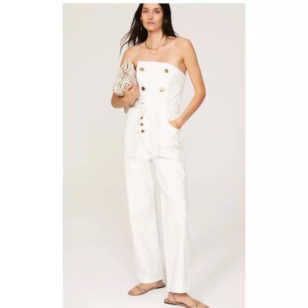 MARISSA WEBB COLLECTIVE Off-White Cotton Strapless Gold Button Jumpsuit Size 4
